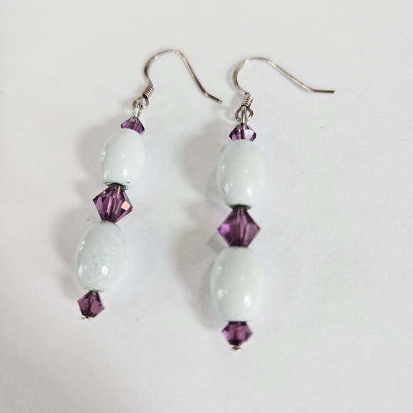 Vintage Hand Made Sterling Silver Beaded Amethyst Crystal Dangle Drop Earrings - Picture 3 of 7